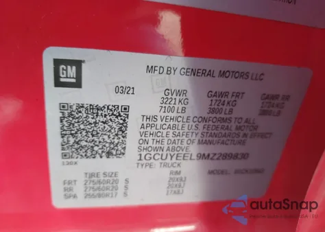 2021 Chevrolet Silverado 1500 4Wd Short Bed Rst z USA, uszkodzony, nr VIN 1GCUYEEL9MZ289830